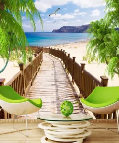 Tranh Dán Tường Khổ Lớn Hình Cầu Gỗ Nhìn Ra Bãi Biển