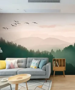 Tranh Dán Tường Phong Cảnh Núi Xanh Mờ Sương