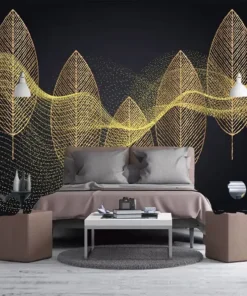 Tranh Dán Tường Tùy Chỉnh Họa Tiết Lá Vàng Và Đường Nét Trừu Tượng