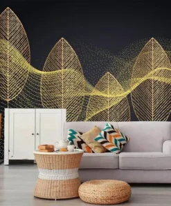 Tranh Dán Tường Tùy Chỉnh Họa Tiết Lá Vàng Và Đường Nét Trừu Tượng