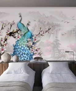 Tranh Dán Tường Phong Cách Châu Âu Hình Chim Công Xanh