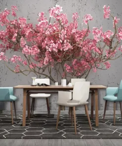 Tranh Dán Tường 3D Hình Cây Hoa Màu Hồng Trên Tường Bê Tông