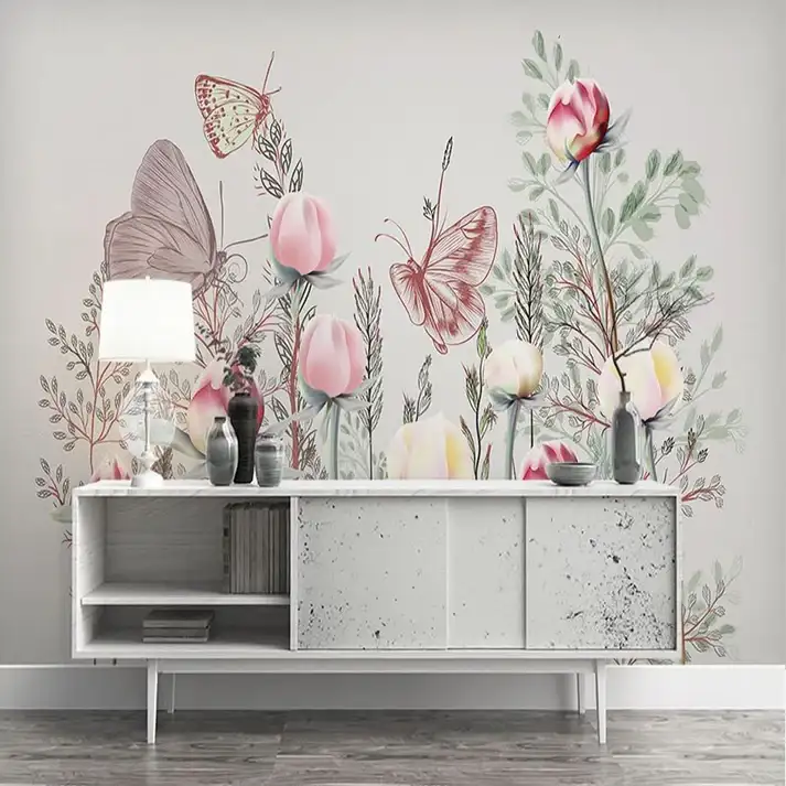 Tranh Dán Tường 3D Hiện Đại, Hoa Hồng Và Bướm Tranh Dán Tường 3D Hiện Đại, Hoa Hồng Và Bướm